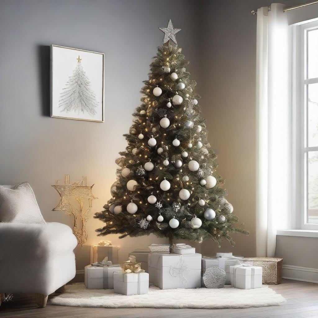 A modern Christmas tree decorated with sleek, minimalist ornaments and LED lights