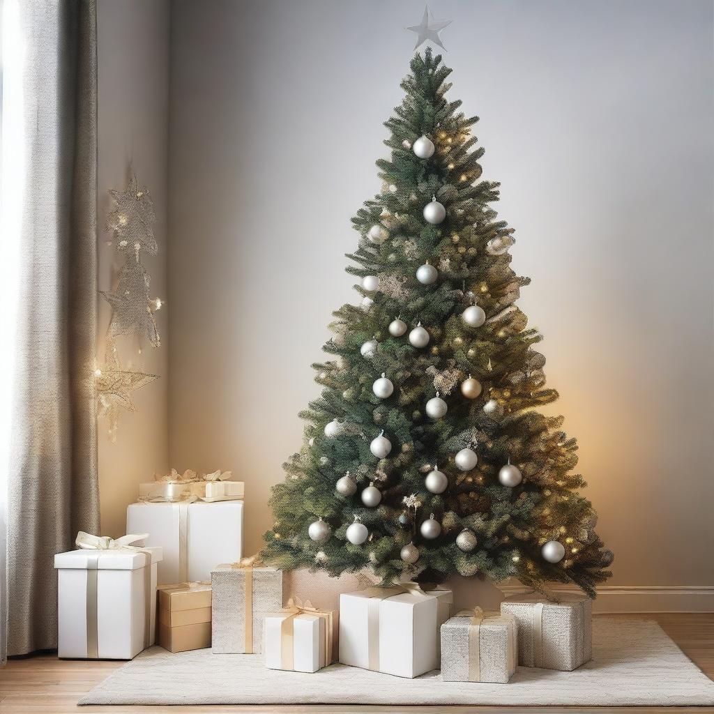 A modern Christmas tree decorated with sleek, minimalist ornaments and LED lights