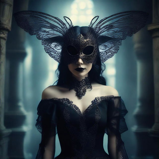 A gothic woman wearing an intricately designed moth mask and a dark, elegant dress