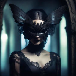 A gothic woman wearing an intricately designed moth mask and a dark, elegant dress