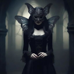 A gothic woman wearing an intricately designed moth mask and a dark, elegant dress