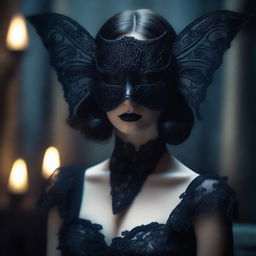 A gothic woman wearing an intricately designed moth mask and a dark, elegant dress