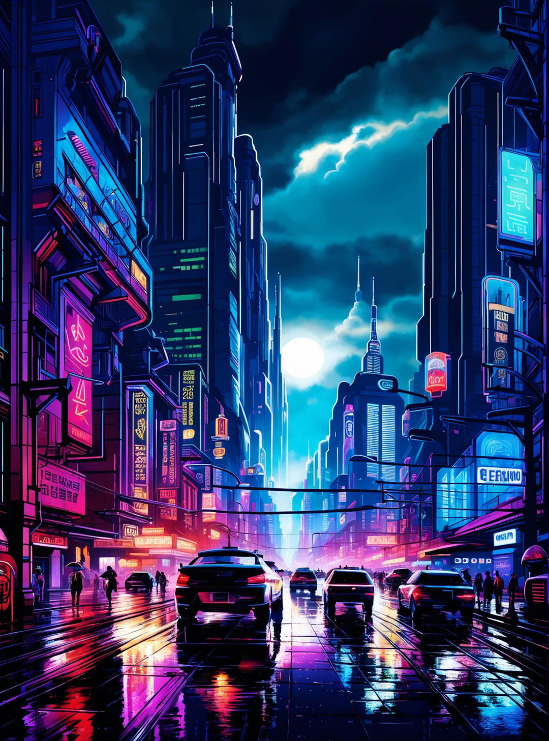 A cyberpunk cityscape at night, with rain and neon lights illuminating the scene