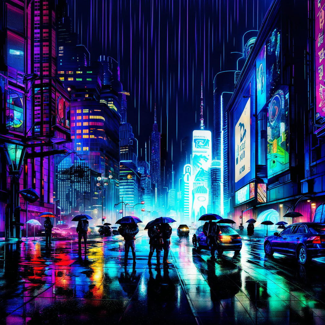 A cyberpunk cityscape at night with rain, neon lights, futuristic buildings, and people with cybernetic enhancements.