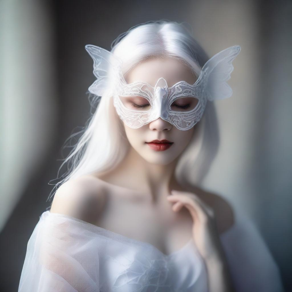 A woman with striking white hair wearing a delicate butterfly mask and a flowing white dress