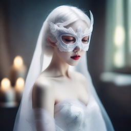 A woman with striking white hair wearing a delicate butterfly mask and a flowing white dress