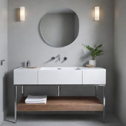 A sleek, modern wash basin console with gleaming chrome fixtures, a smooth, gleaming countertop, and minimalist design.