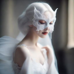 A woman with striking white hair wearing a delicate butterfly mask and a flowing white dress