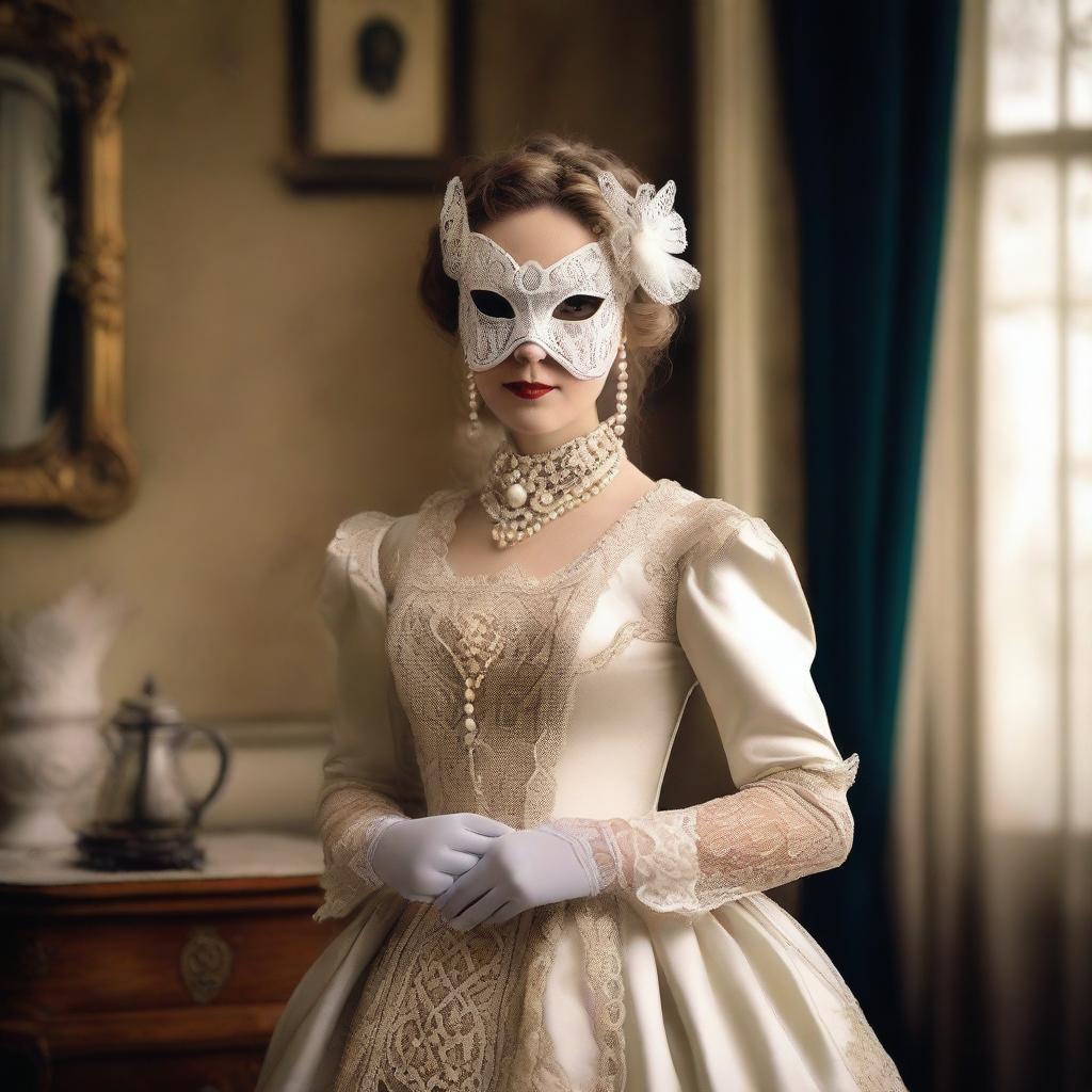 A Victorian-era woman adorned with a white butterfly mask and a string of elegant pearls