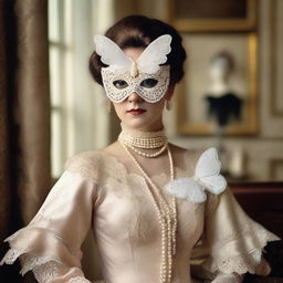 A Victorian-era woman adorned with a white butterfly mask and a string of elegant pearls