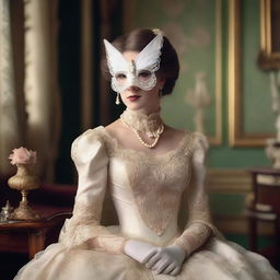 A Victorian-era woman adorned with a white butterfly mask and a string of elegant pearls