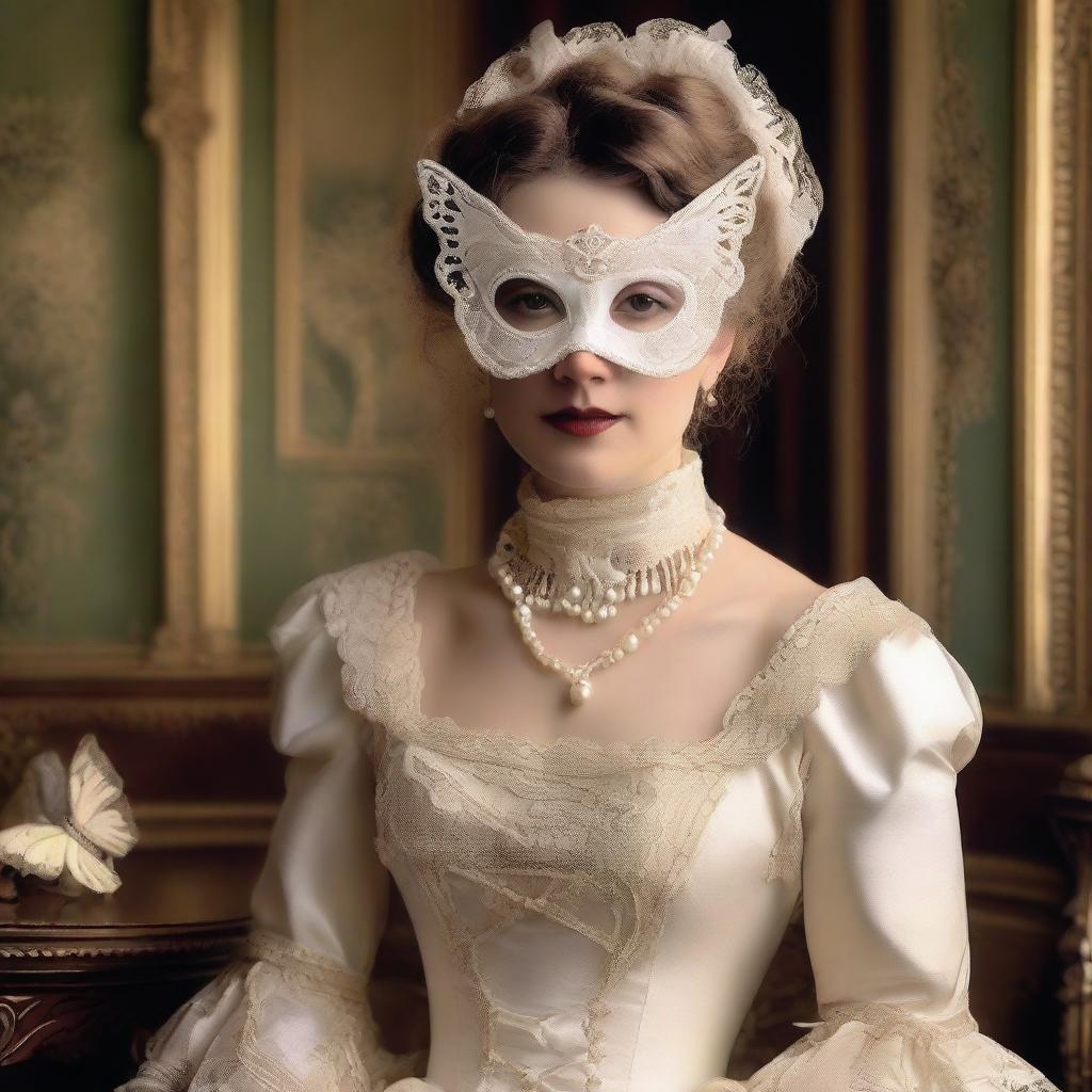 A Victorian-era woman adorned with a white butterfly mask and a string of elegant pearls