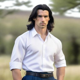 A handsome man with shoulder-length black hair and blue eyes, wearing a kilt and a white shirt