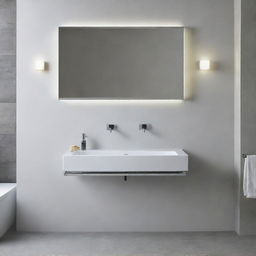 A sleek, modern wash basin console with gleaming chrome fixtures, a smooth, gleaming countertop, and minimalist design.