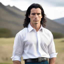 A handsome man with shoulder-length black hair and blue eyes, wearing a kilt and a white shirt