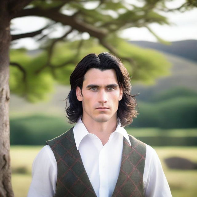 A handsome man with shoulder-length black hair and blue eyes, wearing a kilt and a white shirt