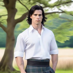 A handsome man with shoulder-length black hair and blue eyes, wearing a kilt and a white shirt