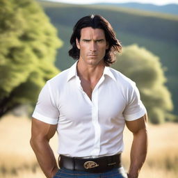 A handsome and athletic man with shoulder-length black hair and blue eyes, wearing a kilt and a white shirt