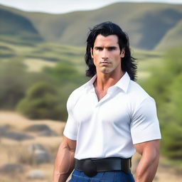 A handsome and athletic man with shoulder-length black hair and blue eyes, wearing a kilt and a white shirt