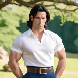 A handsome and athletic man with shoulder-length black hair and blue eyes, wearing a kilt and a white shirt