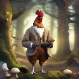 A wise old brown and white rooster wearing glasses and dressed in old clothes, standing in a fantasy woodland setting