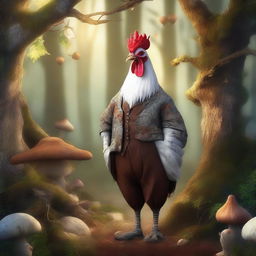 A wise old brown and white rooster wearing glasses and dressed in old clothes, standing in a fantasy woodland setting