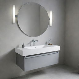 A sleek, modern wash basin console with gleaming chrome fixtures, a smooth, gleaming countertop, and minimalist design.