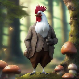 A wise old brown and white rooster wearing glasses and dressed in old clothes, standing in a fantasy woodland setting