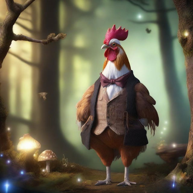 A wise old brown and white rooster wearing glasses and dressed in old clothes, standing in a fantasy woodland setting