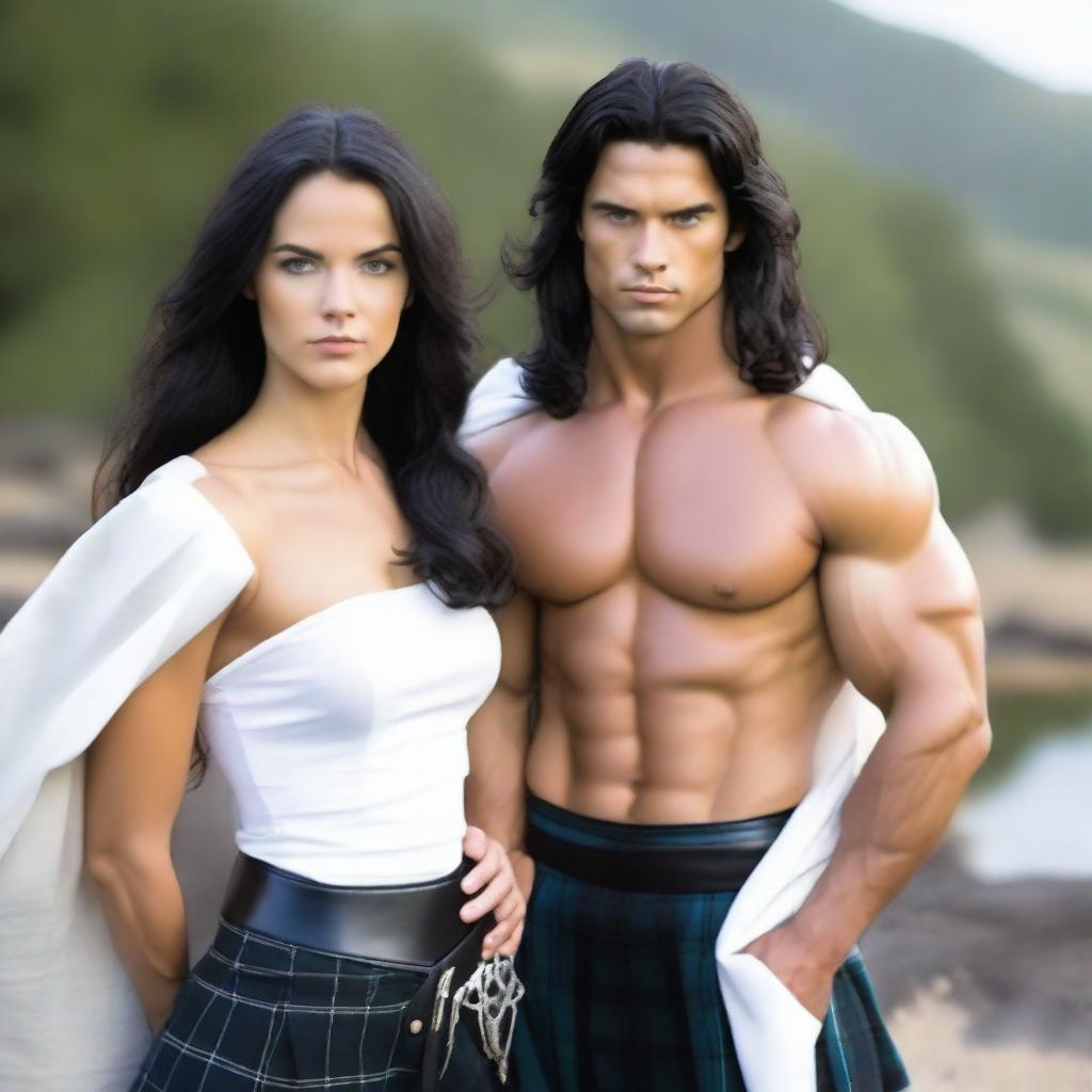 A handsome and athletic man with shoulder-length black hair and blue eyes, wearing a kilt and a white shirt, standing next to a beautiful girl with very long black hair, wearing a cape