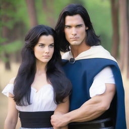 A handsome and athletic man with shoulder-length black hair and blue eyes, wearing a kilt and a white shirt, standing next to a beautiful girl with very long black hair, wearing a cape