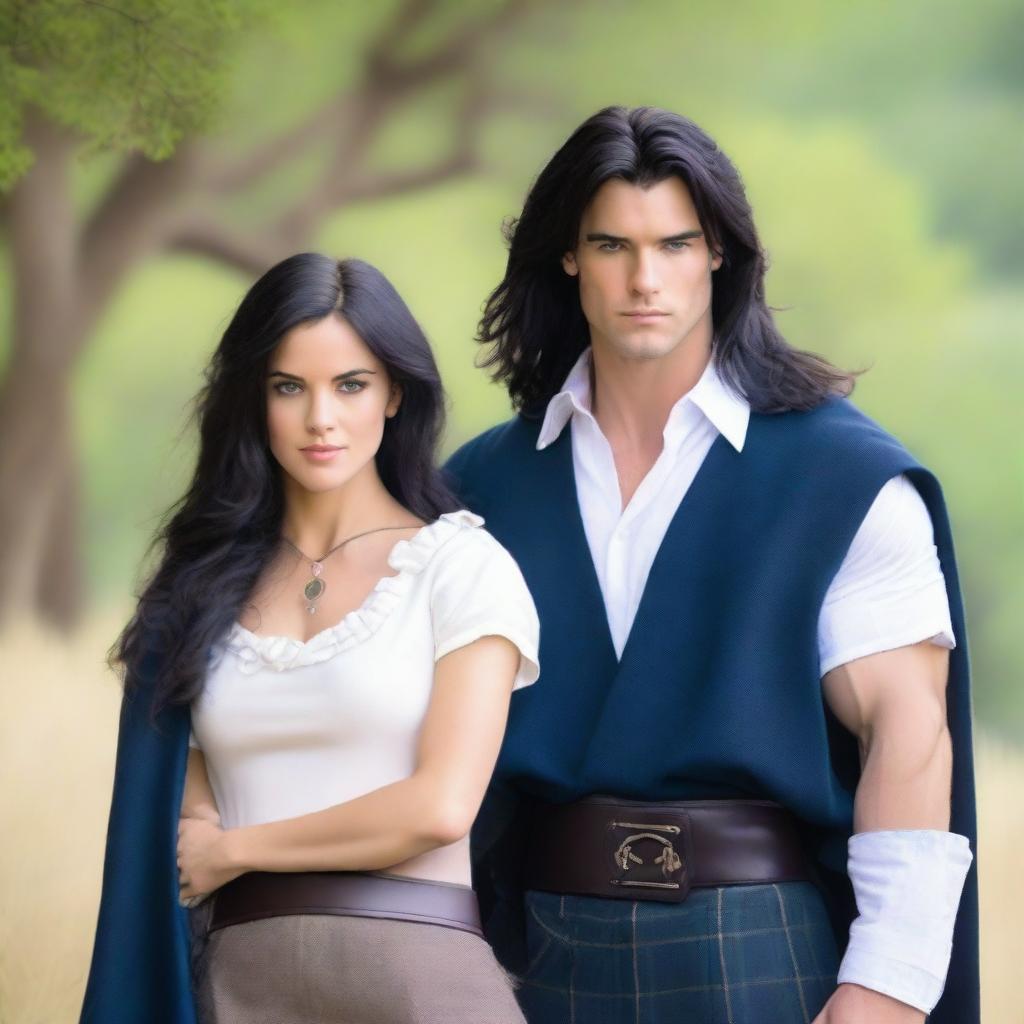 A handsome and athletic man with shoulder-length black hair and blue eyes, wearing a kilt and a white shirt, standing next to a beautiful girl with very long black hair, wearing a cape