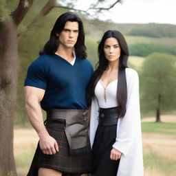 A handsome and athletic man with shoulder-length black hair and blue eyes, wearing a kilt and a white shirt, standing next to a beautiful girl with very long black hair, wearing a cape