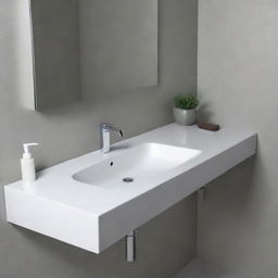 A sleek, modern wash basin console with gleaming chrome fixtures, a smooth, gleaming countertop, and minimalist design.