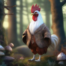 A realistic art depiction of a wise old brown and white rooster wearing glasses and dressed in old clothes, standing in a fantasy woodland setting