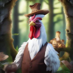 A realistic art depiction of a wise old brown and white rooster wearing glasses and dressed in old clothes, standing in a fantasy woodland setting