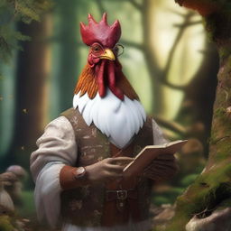 A realistic art depiction of a wise old brown and white rooster wearing glasses and dressed in old clothes, standing in a fantasy woodland setting