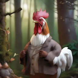 A realistic art depiction of a wise old brown and white rooster wearing glasses and dressed in old clothes, standing in a fantasy woodland setting