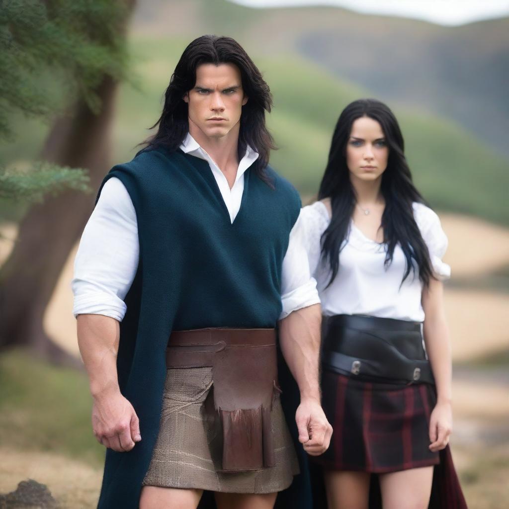 A handsome and athletic Scottish warrior with shoulder-length black hair and blue eyes, wearing a kilt and a white shirt, standing next to a beautiful girl with very long black hair, wearing a cape