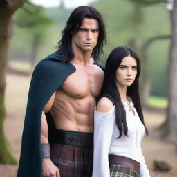 A handsome and athletic Scottish warrior with shoulder-length black hair and blue eyes, wearing a kilt and a white shirt, standing next to a beautiful girl with very long black hair, wearing a cape