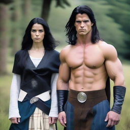 A handsome and athletic Scottish warrior with shoulder-length black hair and blue eyes, wearing a kilt and a white shirt, standing next to a beautiful girl with very long black hair, wearing a cape