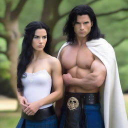 A handsome and athletic Scottish warrior with shoulder-length black hair and blue eyes, wearing a kilt and a white shirt, standing next to a beautiful girl with very long black hair, wearing a cape