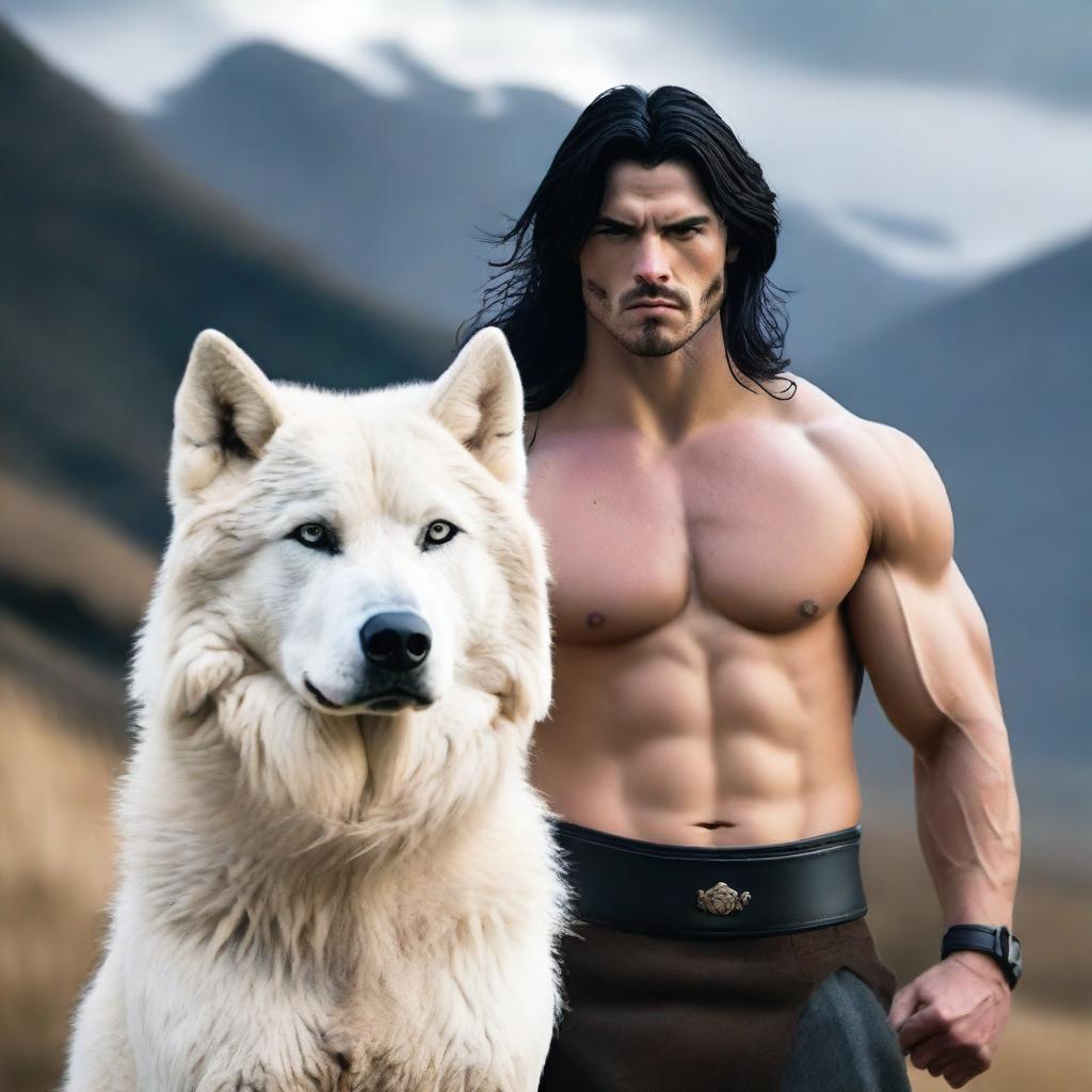 A handsome and athletic Scottish warrior with shoulder-length black hair and blue eyes, wearing a kilt and a white shirt, standing next to a majestic white wolf