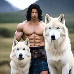 A handsome and athletic Scottish warrior with shoulder-length black hair and blue eyes, wearing a kilt and a white shirt, standing next to a majestic white wolf