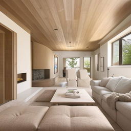 A serene, interactive interior of a house featuring calming colors and comfortable, modern furniture.