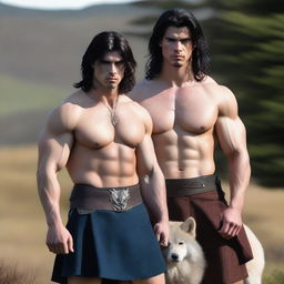 A handsome and athletic Scottish warrior with shoulder-length black hair and blue eyes, wearing a kilt and a white shirt, standing next to a majestic white wolf