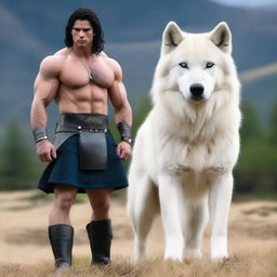 A handsome and athletic Scottish warrior with shoulder-length black hair and blue eyes, wearing a kilt and a white shirt, standing next to a majestic white wolf