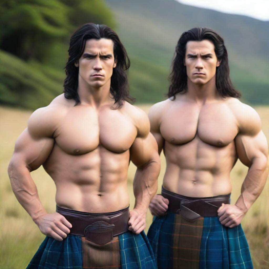 Two handsome and athletic Scottish warriors with shoulder-length black hair and blue eyes, both wearing kilts