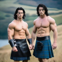 Two handsome and athletic Scottish warriors with shoulder-length black hair and blue eyes, both wearing kilts