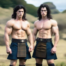 Two handsome and athletic Scottish warriors with shoulder-length black hair and blue eyes, both wearing kilts